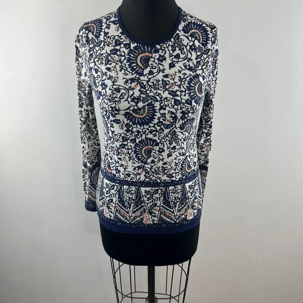TORY BURCH White Navy Blouse Cotton Moroccan Crew Neck Pullover Size XX-Small